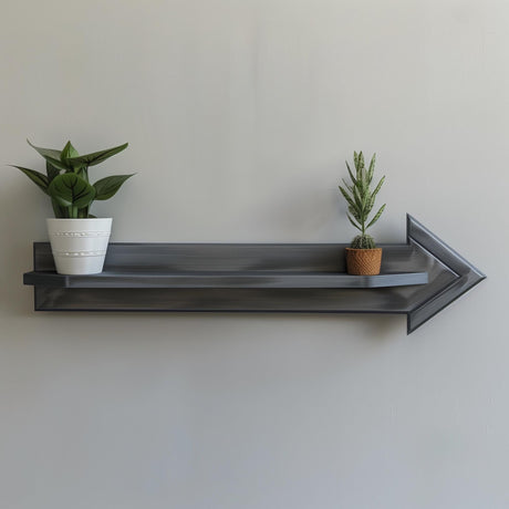 3D printed minimalist arrow-shaped wall shelf with modern geometric design, matte PLA texture, decorated with small plants