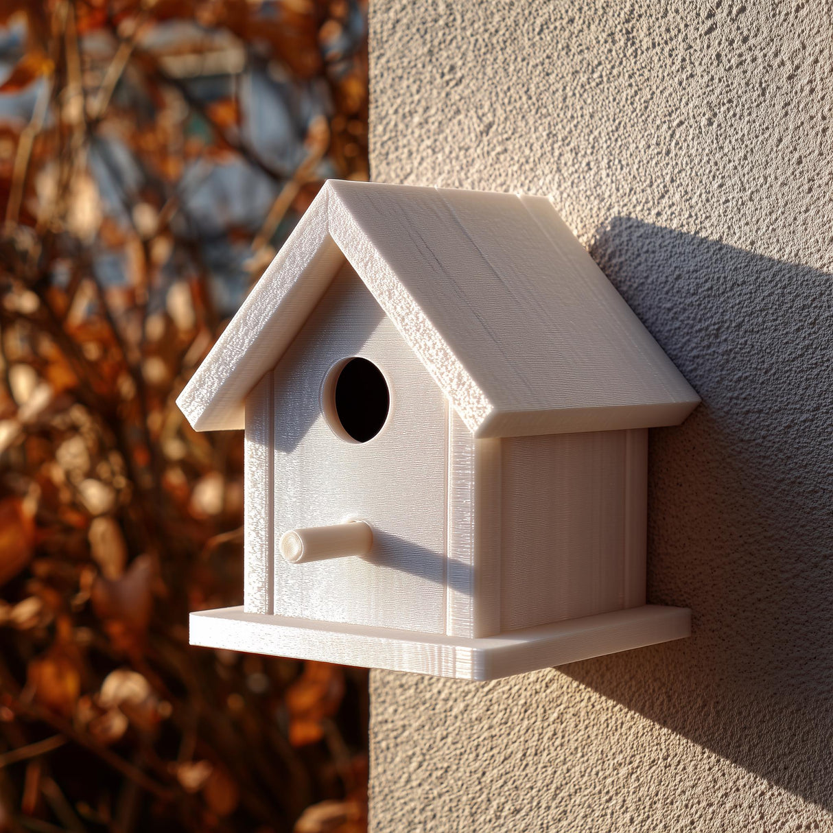 Light-colored 3D printed birdhouse with perch and removable roof made from matte PLA plastic, mounted on an exterior wall in soft natural sunlight.