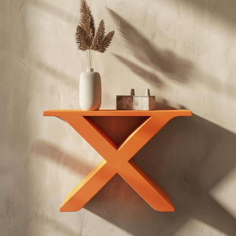 3D printed X-shaped minimalist wall shelf with geometric modern design, matte PLA texture, in natural daylight setting