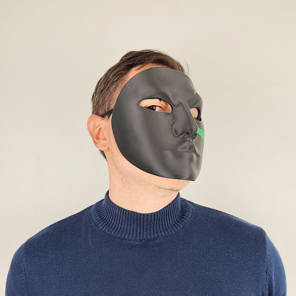 Full Face Mask for Cosplay | 3D Printed Black Mask with Green Eye Detail | Halloween Costume Prop | Adjustable Fit for Adults