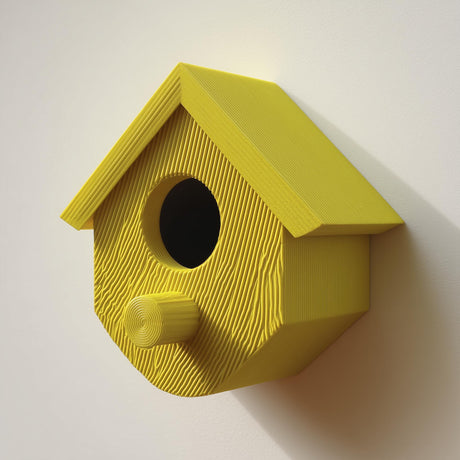 3D printed birdhouse with round entrance and cylindrical perch made of matte PLA plastic, mounted on a wall casting a long shadow in natural light.