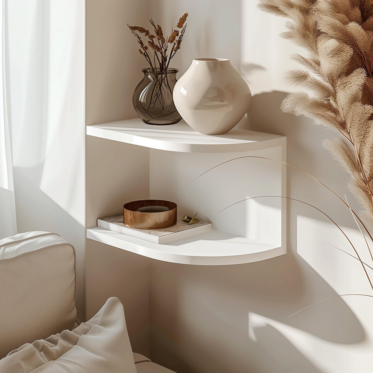 3D printed corner wall shelf in matte white PLA, mounted above a sofa with natural light and dried flowers, minimalist modern home decor accessory