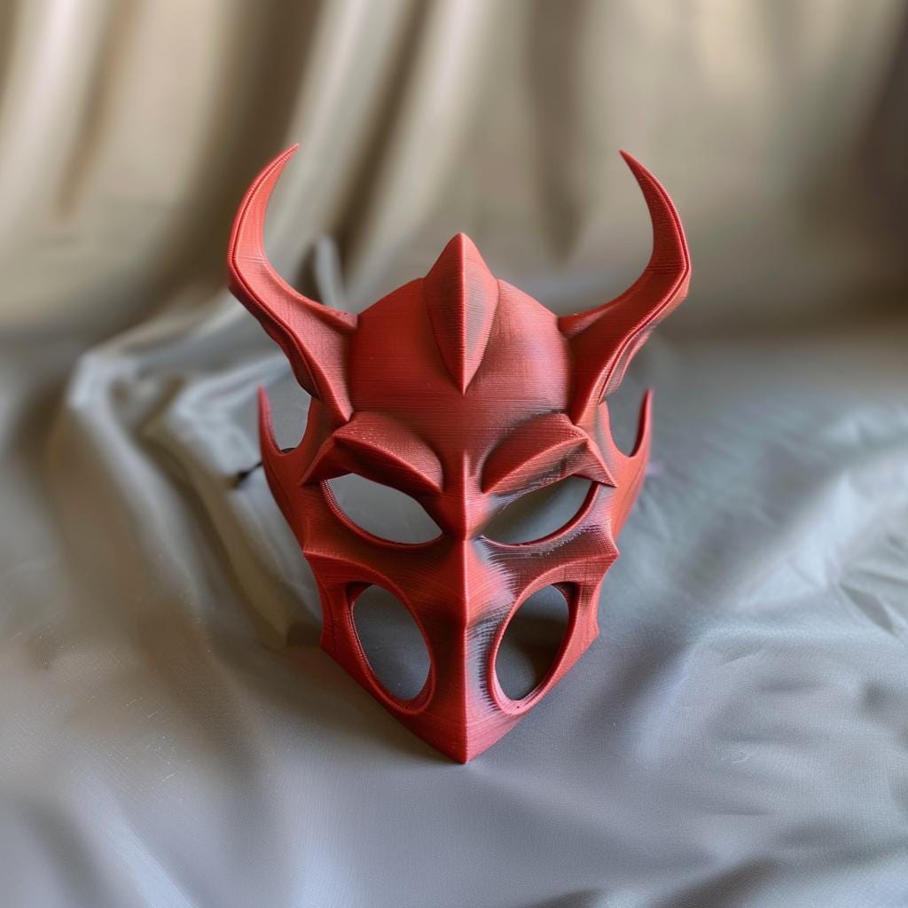 3D Printed Demon Mask | Gothic Horned Face Sculpture | Dark Fantasy Cosplay Prop | Unique Halloween Costume and Art Decor