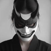 3D printed Japanese Oni samurai mask with horns, fangs and a fierce demon expression.