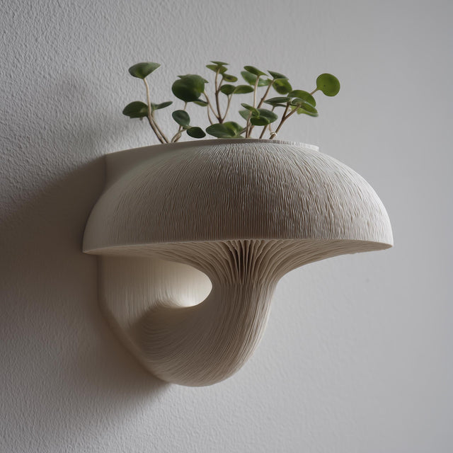 3D printed wall-mounted mushroom planter shelf in matte light PLA with finely ribbed cap and gills, holding a small plant on top against a neutral wall.