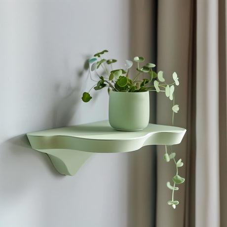 3D printed modern wall shelf with organic shape mounted on wall, holding a small plant, minimalist contemporary home decor accessory