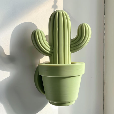 3D printed cactus-shaped wall decor made from matte PLA plastic, minimalist design inspired by nature, displayed on modern interior wall