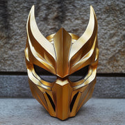 3D printed samurai demon mask with armored cheek details, horns and a fierce warrior expression.