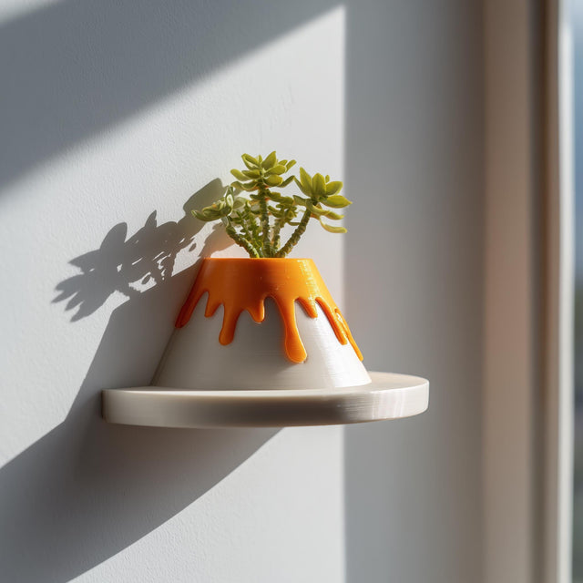 3D printed volcano-shaped wall planter on a small round shelf, with orange lava detail and a succulent plant inside, mounted on a light wall near a window.