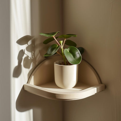 3D printed minimalist corner wall shelf in a soft neutral color, matte PLA texture, holding a small plant pot in a sunlit room corner.