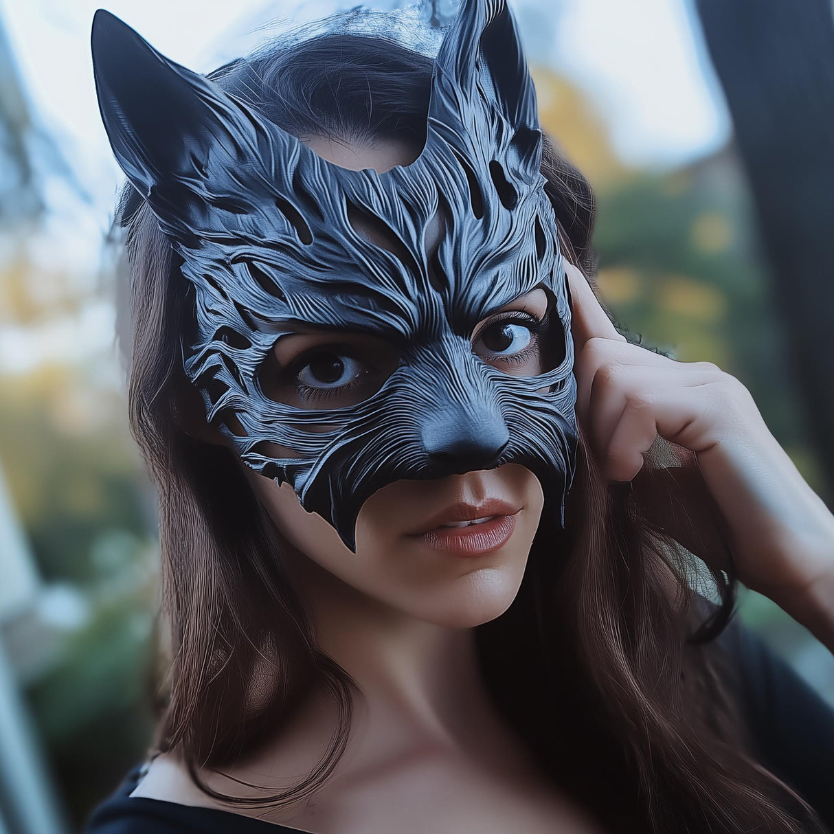 A woman wearing a black 3D printed werewolf-style masquerade mask, featuring intricate fur details and pointed ears, standing outdoors in a dramatic fantasy-inspired setting.