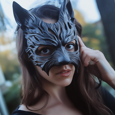 A woman wearing a black 3D printed werewolf-style masquerade mask, featuring intricate fur details and pointed ears, standing outdoors in a dramatic fantasy-inspired setting.