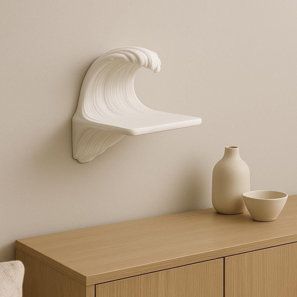 Matte white 3D printed shelf shaped like a cresting ocean wave, mounted on a neutral wall above a wooden console with ceramic vessels.