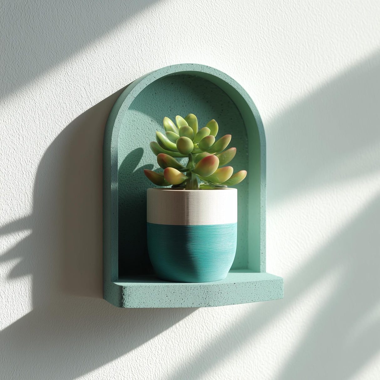 Small 3D printed wall shelf with arched back, displaying a potted plant, minimalist boho room decor