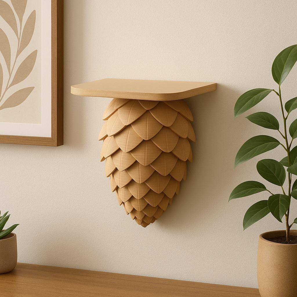 A wall-mounted shelf designed to resemble a pinecone, 3D printed in matte tan material. The shelf has overlapping scale-like layers forming a conical shape pointing downward, with a flat surface on top displaying minimalist decor. It is mounted on a neutral-colored wall above a wooden surface, surrounded by potted plants and natural-toned home accents.