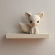 3D printed wall shelf with a small fox character sitting on a slim rectangular ledge, made of matte PLA plastic and mounted on a light-colored wall.