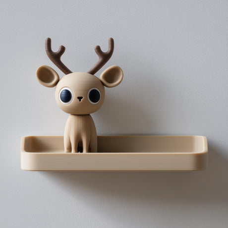 3D printed wall shelf with a small deer character with tall antlers sitting in a shallow tray, made of matte PLA plastic on a light-colored wall.