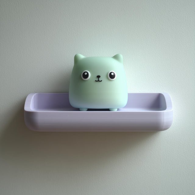 3D printed wall shelf with a small cube cat character sitting in a rounded tray-like ledge, made of matte PLA plastic on a light-colored wall.