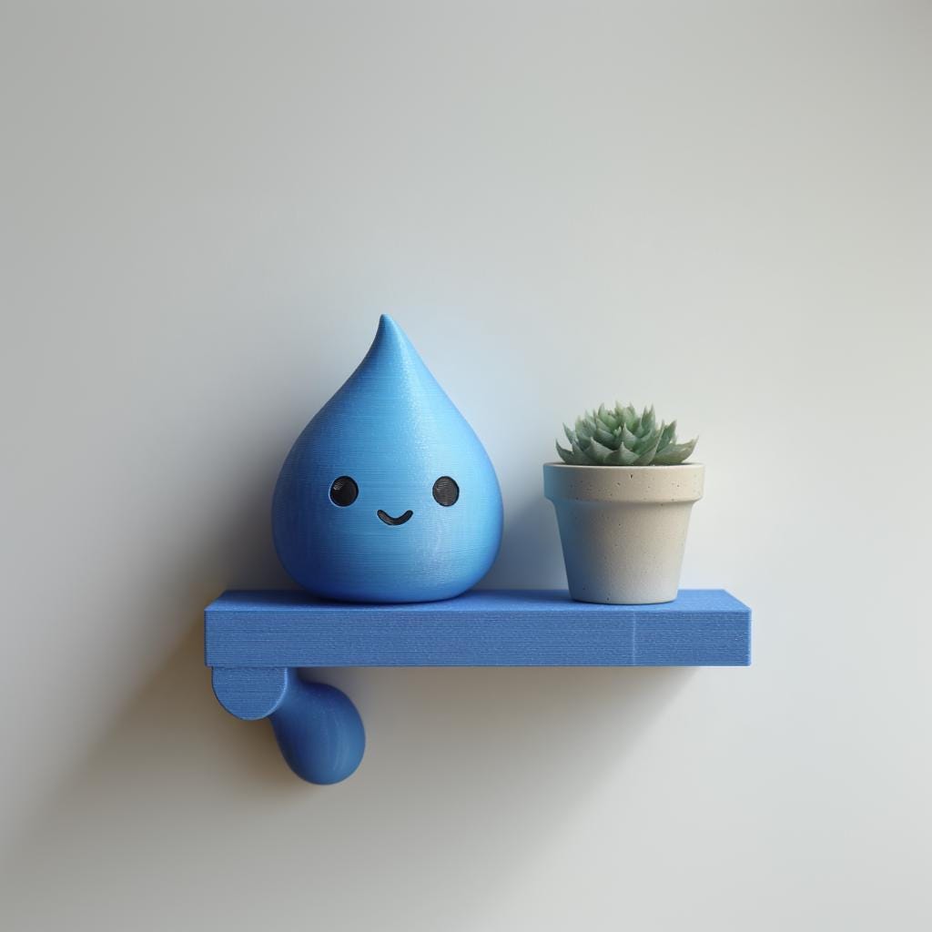 3D Printed Water Drop Wall Shelf | Minimal Character Floating Ledge Display | Cute Modern Room Decor Accent for Kids Rooms and Home Offices