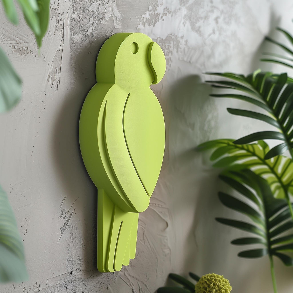 3D printed wall decor shaped like a minimalist parrot silhouette in a bold green color, matte PLA design mounted on a textured interior wall with plants nearby