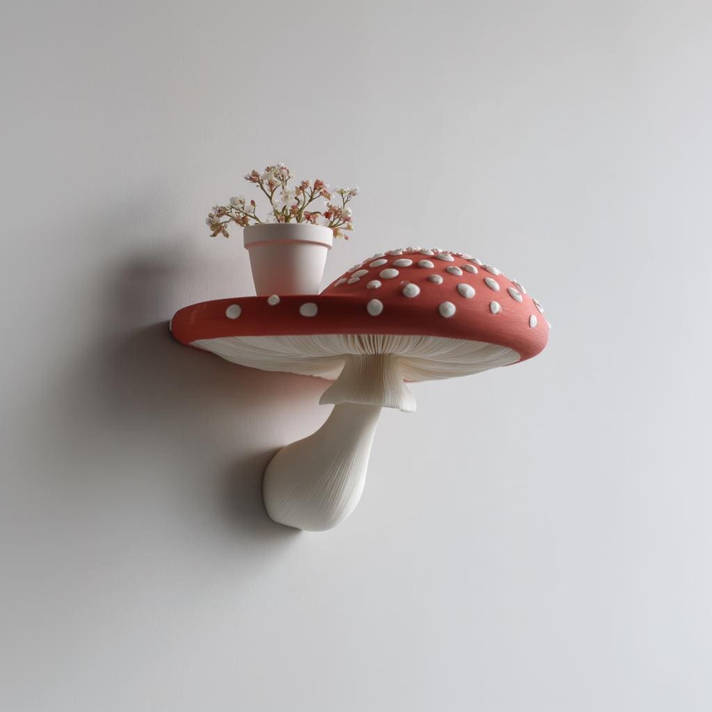 3D Printed Mushroom Wall Shelf | Amanita Toadstool Floating Ledge | Whimsical 3D Printed Wall Decor for Cozy Fantasy Inspired Interiors