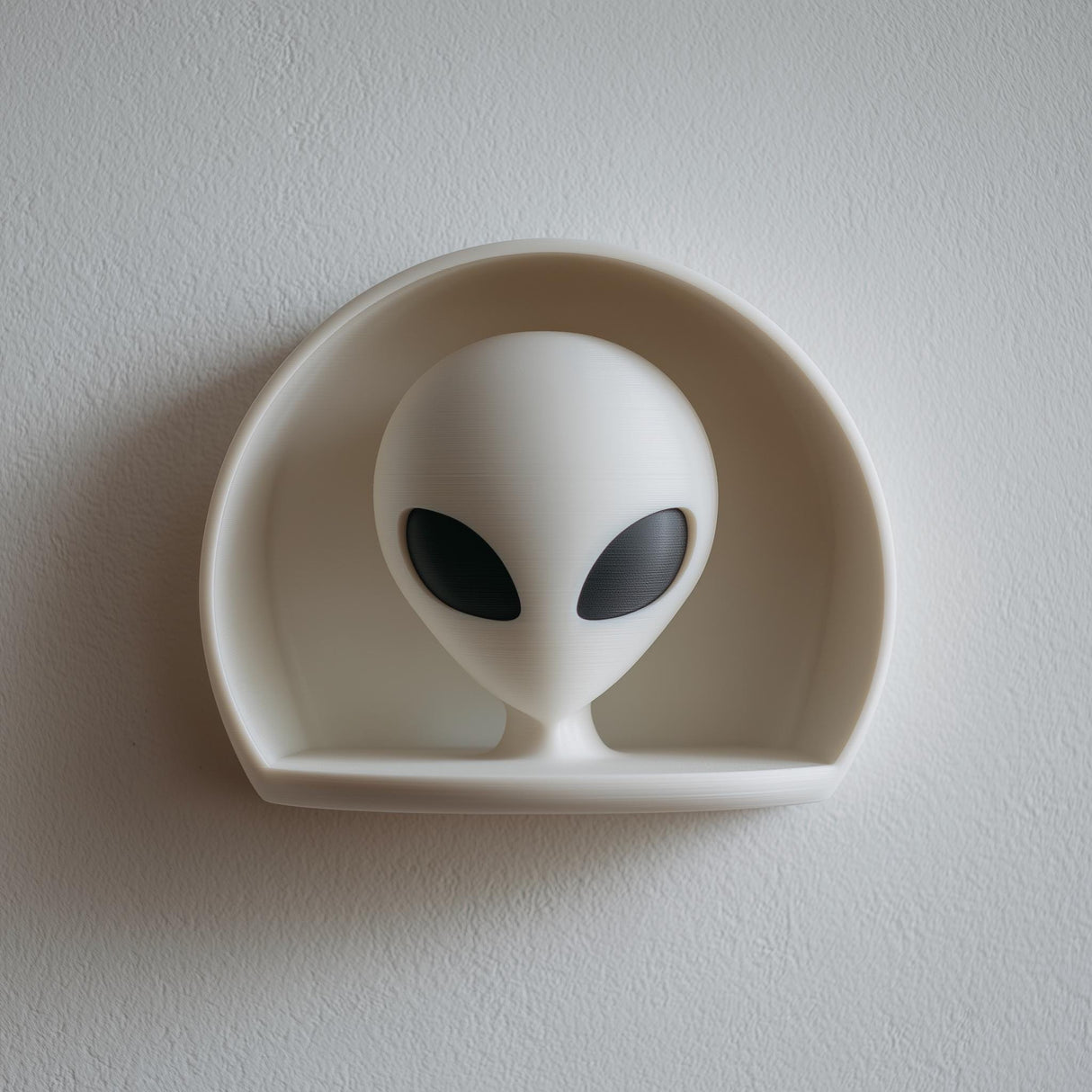 White 3D printed alien head wall niche made of matte PLA plastic, mounted on a light textured wall in soft natural daylight.