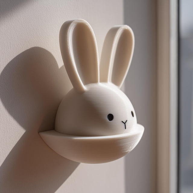 3D printed wall decor shaped like a bunny head with long ears and a small semicircular pocket below, mounted on a light wall near a window.