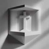 3D printed matte PLA corner wall niche with an integrated cross standing inside a small geometric shelf, mounted on a light-colored wall.