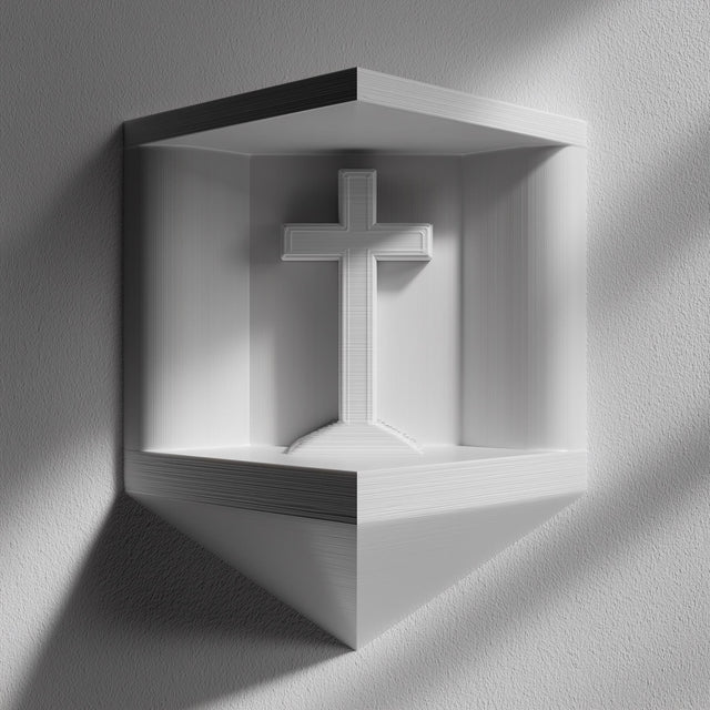 3D printed matte PLA corner wall niche with an integrated cross standing inside a small geometric shelf, mounted on a light-colored wall.