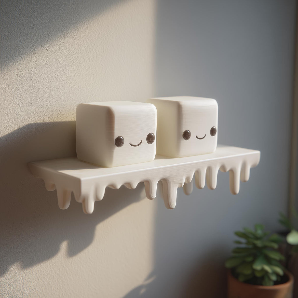 3D printed wall shelf with a dripping edge and two marshmallow-like cube characters with faces, made of matte PLA plastic and mounted on an interior wall in natural light.