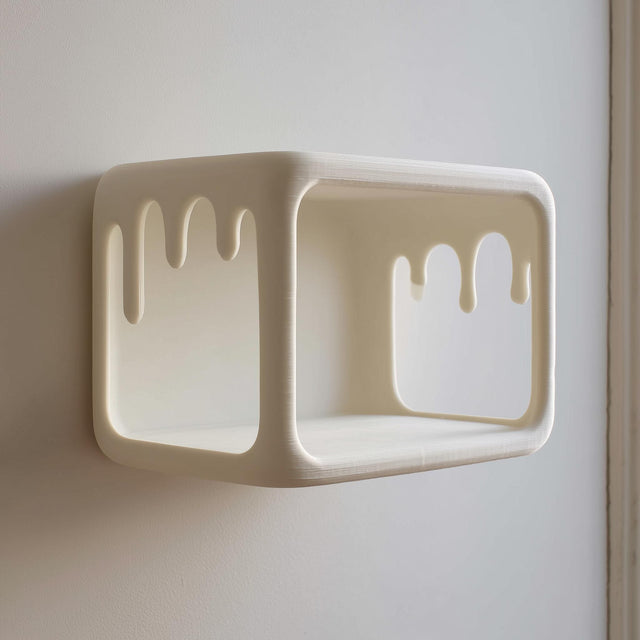 Open rectangular 3D printed wall shelf with dripping cutout edges made of matte PLA plastic, mounted on an interior wall next to a window.