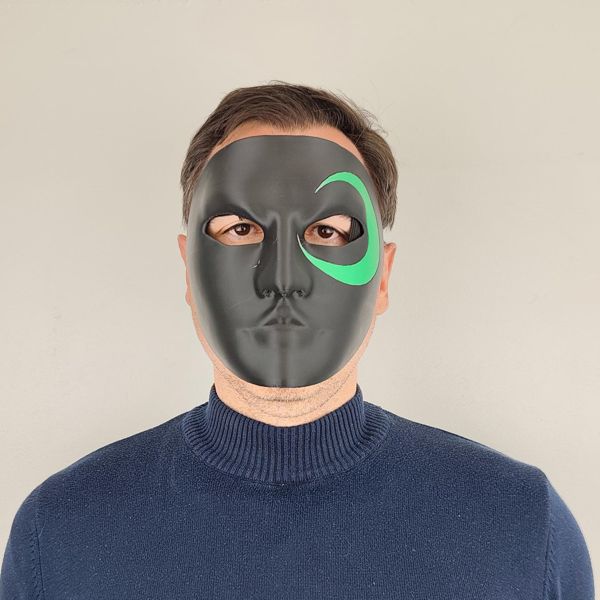 Full Face Mask for Cosplay | 3D Printed Black Mask with Green Eye Detail | Halloween Costume Prop | Adjustable Fit for Adults