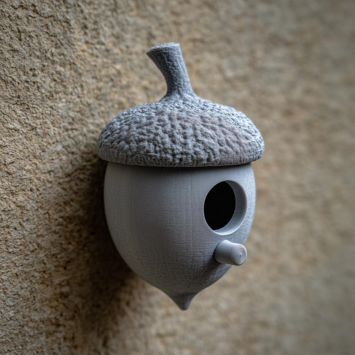 3D printed acorn-shaped birdhouse with round entrance and small cylindrical perch made of matte PLA plastic, mounted on a textured exterior wall.