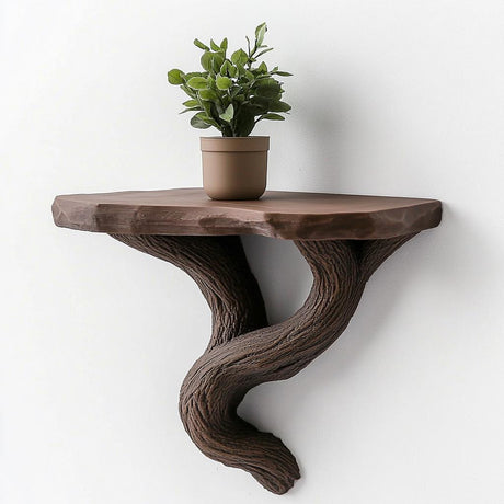 Small brown wall-mounted shelf with a twisted vine-like base holding a potted plant, 3D printed in organic wood-texture style.