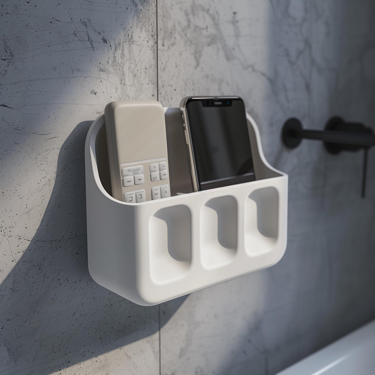 3D printed white wall-mounted organizer shelf with two upper compartments for phone and remote and three small front pockets, installed above a bathroom sink on a textured grey wall.