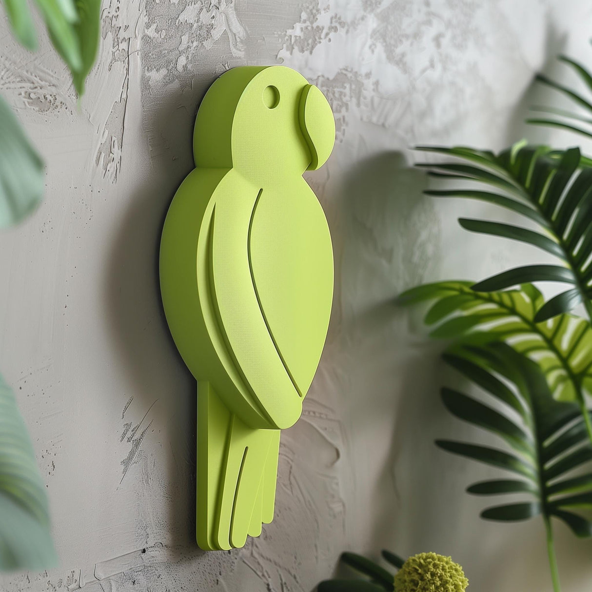 3D printed wall decor shaped like a minimalist parrot silhouette in a bold green color, matte PLA design mounted on a textured interior wall with plants nearby