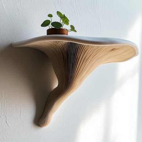 3D printed wall shelf inspired by the Deadly Galerina mushroom, featuring a white top and flowing light brown stem, mounted on a white textured wall with a potted plant on top.