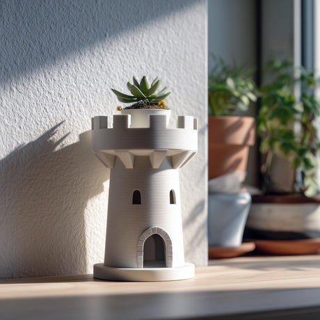 3D printed planter shaped like a small castle tower or rook, holding a succulent on a windowsill, with soft natural light and other plants in the background.