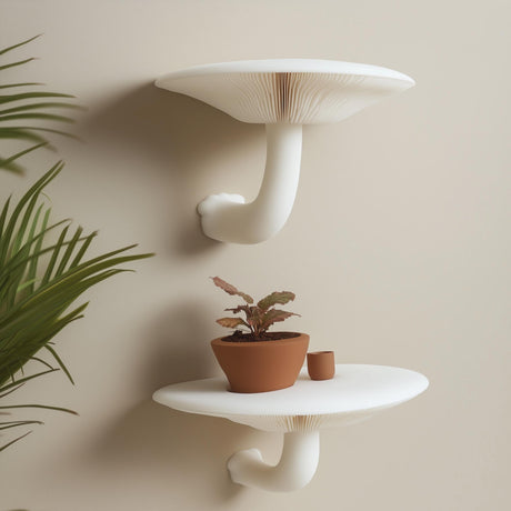 &quot;Set of two white 3D printed mushroom-inspired wall shelves with curved stems, styled with a terracotta plant pot against a neutral beige wall.&quot;