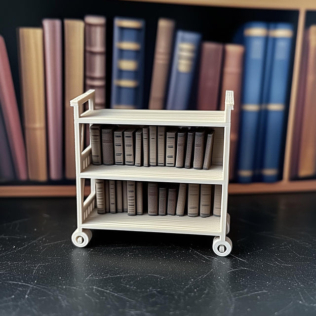Dollhouse Library Cart | 1:12 Scale Miniature Bookshelf | 3D Printed Rolling Bookcase | Miniature Library Storage | Dollhouse Furniture Play