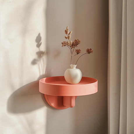 3D printed round minimalist wall shelf with vase, modern matte PLA texture, circular floating design in natural light