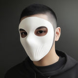 Man wearing a matte white 3D printed full-face cosplay mask with subtle contouring and wide eye cutouts, against a gray background.