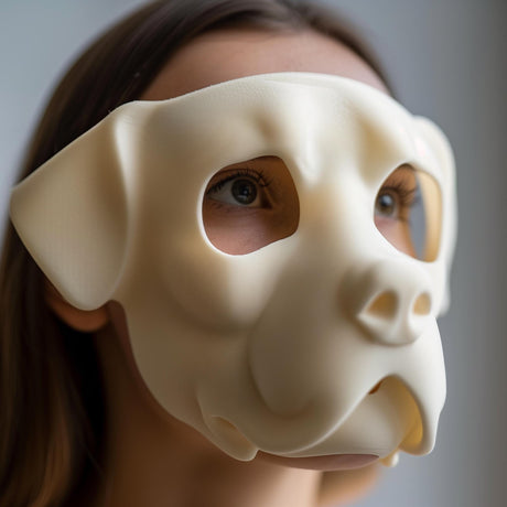 3D printed bulldog-inspired face mask with smooth minimal design, worn by an adult model indoors, matte PLA plastic cosplay and costume accessory