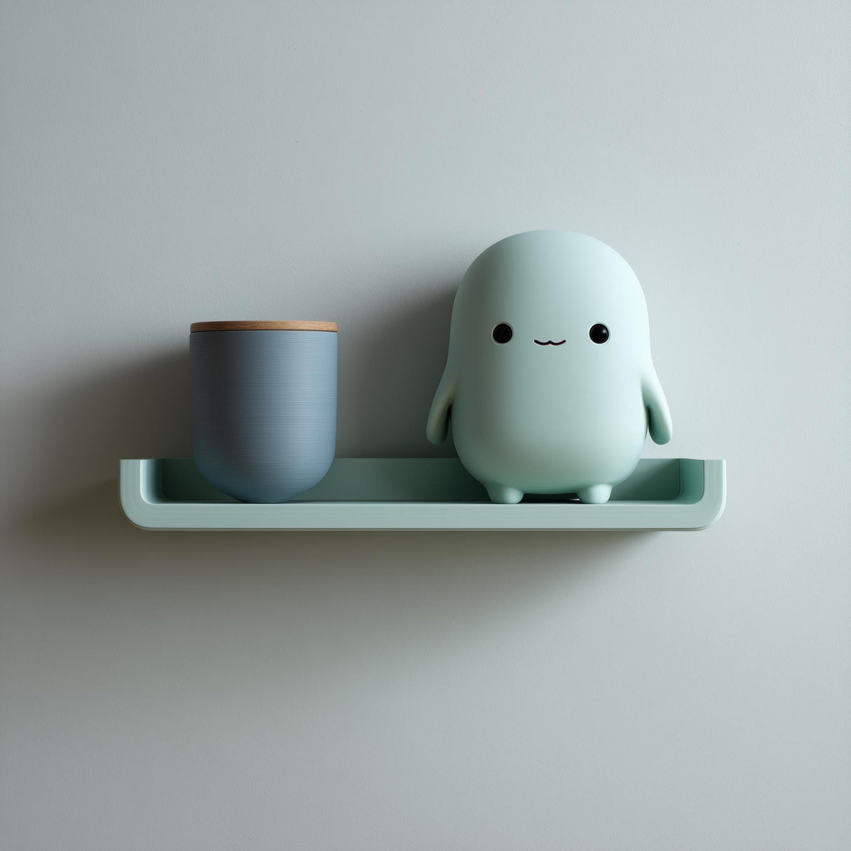 3D printed wall shelf with a slim rounded ledge holding a small blob-like character and a cup, made from matte PLA plastic and mounted on a light-colored wall.