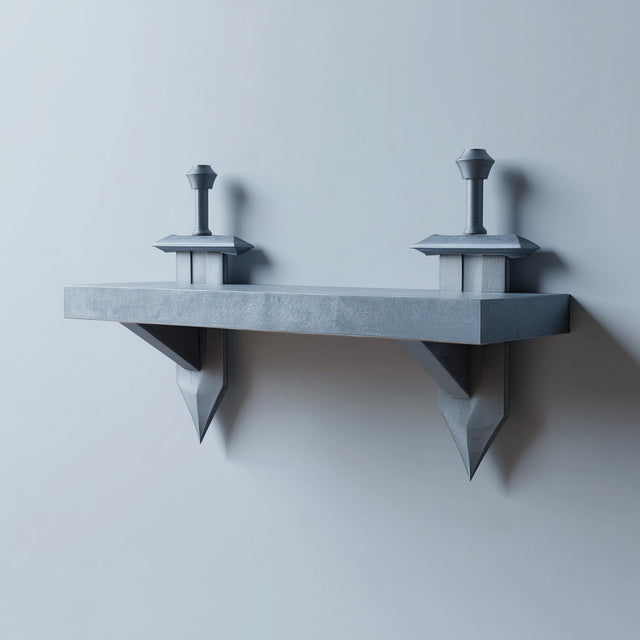 3D printed matte PLA wall shelf with two stylized sword-shaped supports mounted on a light-colored wall.
