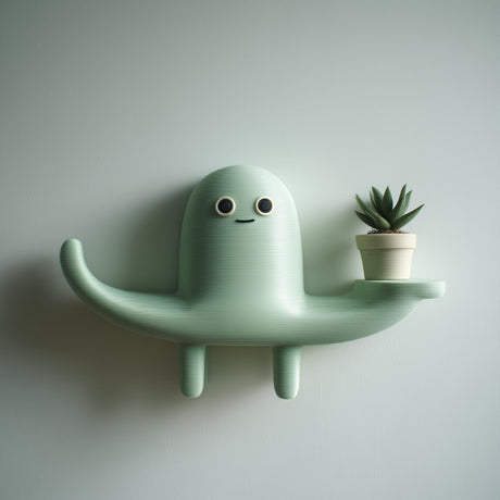 3D printed matte PLA wall shelf shaped like a friendly creature with outstretched arms and a small tray holding a plant pot on a light wall.