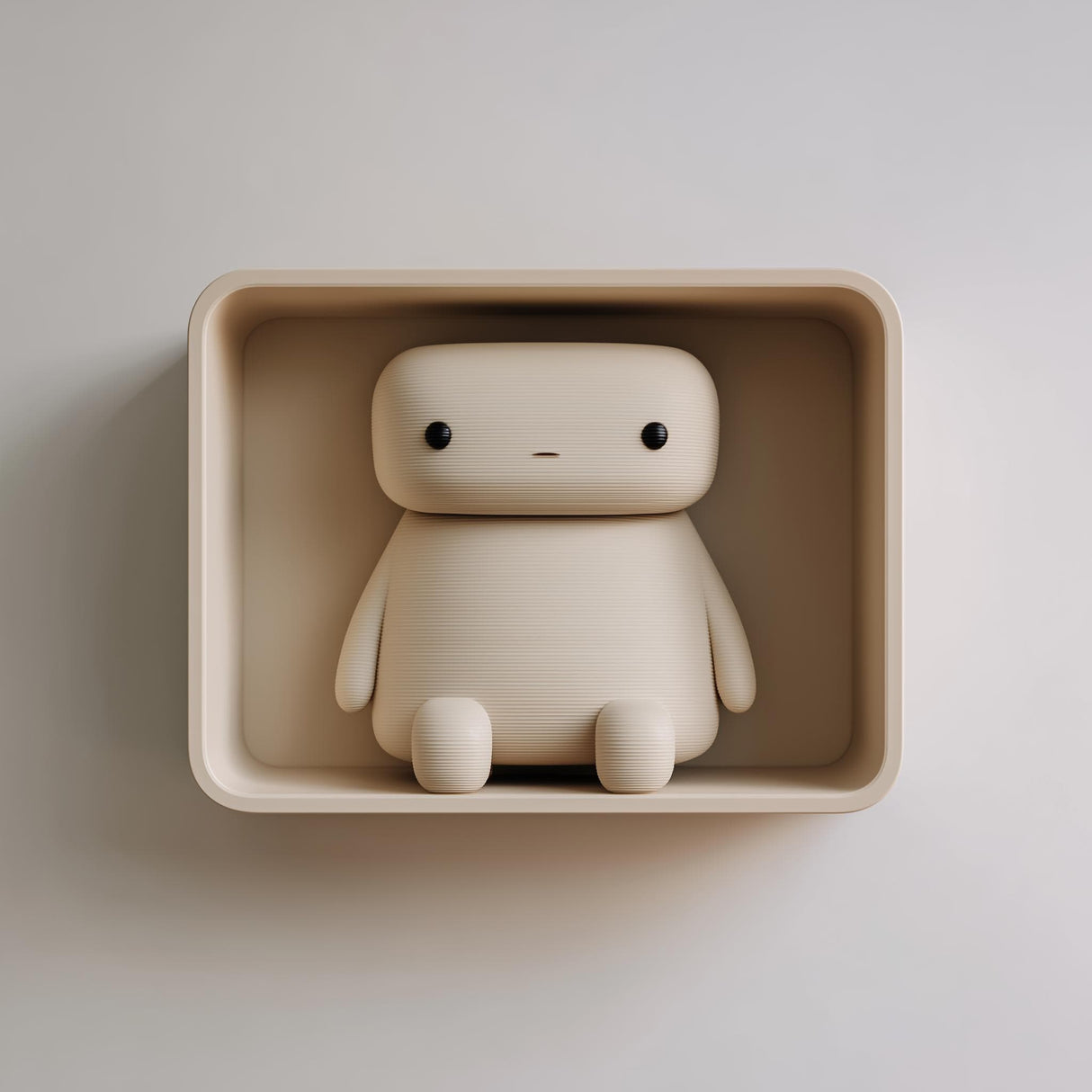 3D printed matte PLA wall niche with a rounded rectangular shelf and an integrated sitting character figure, mounted on a light-colored wall.