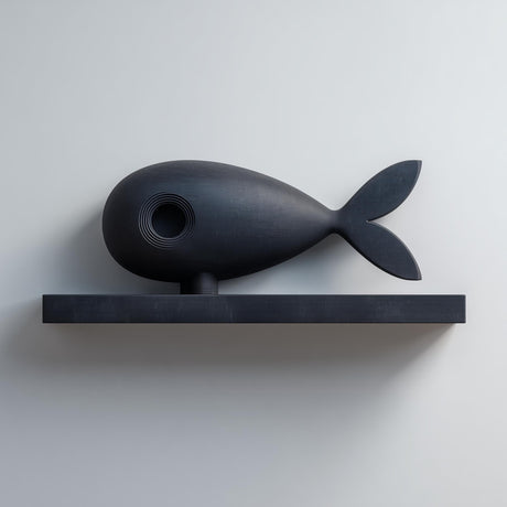 3D printed matte PLA wall shelf with a stylized fish figure resting on a slim rectangular ledge, mounted on a light-colored wall.