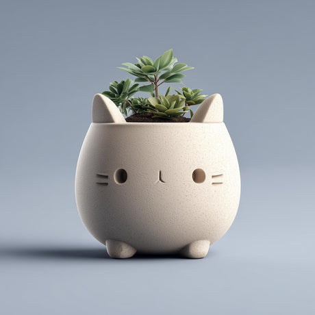 Cute 3D printed matte PLA cat-shaped planter with a rounded body and tiny feet, holding small succulents on a soft blue background.