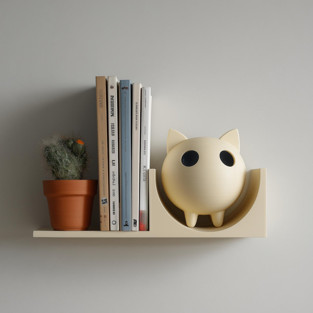 3D printed wall shelf with a round cat figure acting as a bookend beside books and a small cactus pot on a slim floating ledge against a light wall.